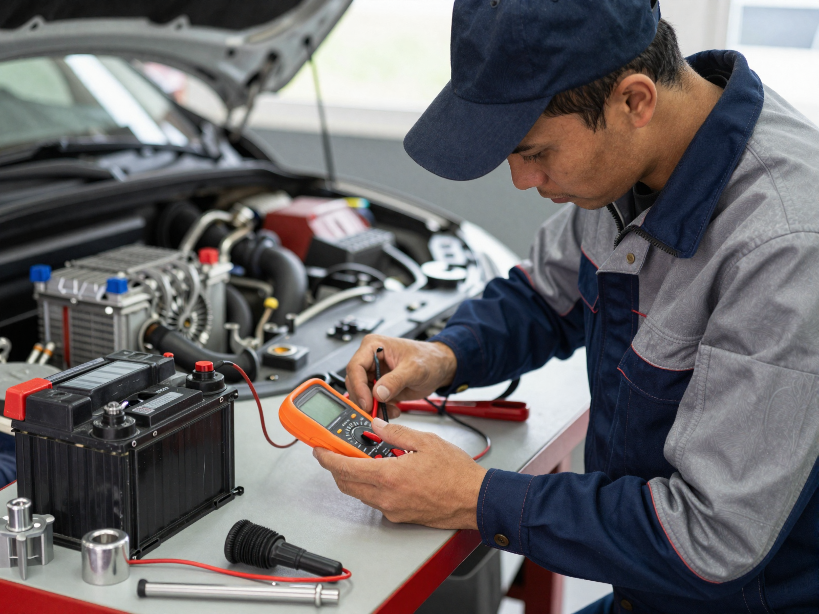 Mechanic working on vehicle electrical system